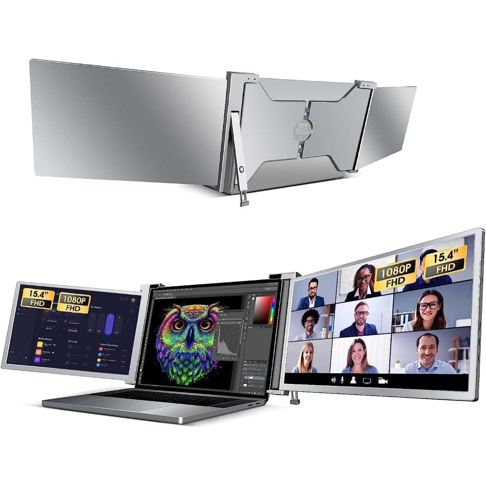 Side view of 15.4 inch Trifold Portable Monitor with both IPS FHD panels folded out from the central laptop mount.
