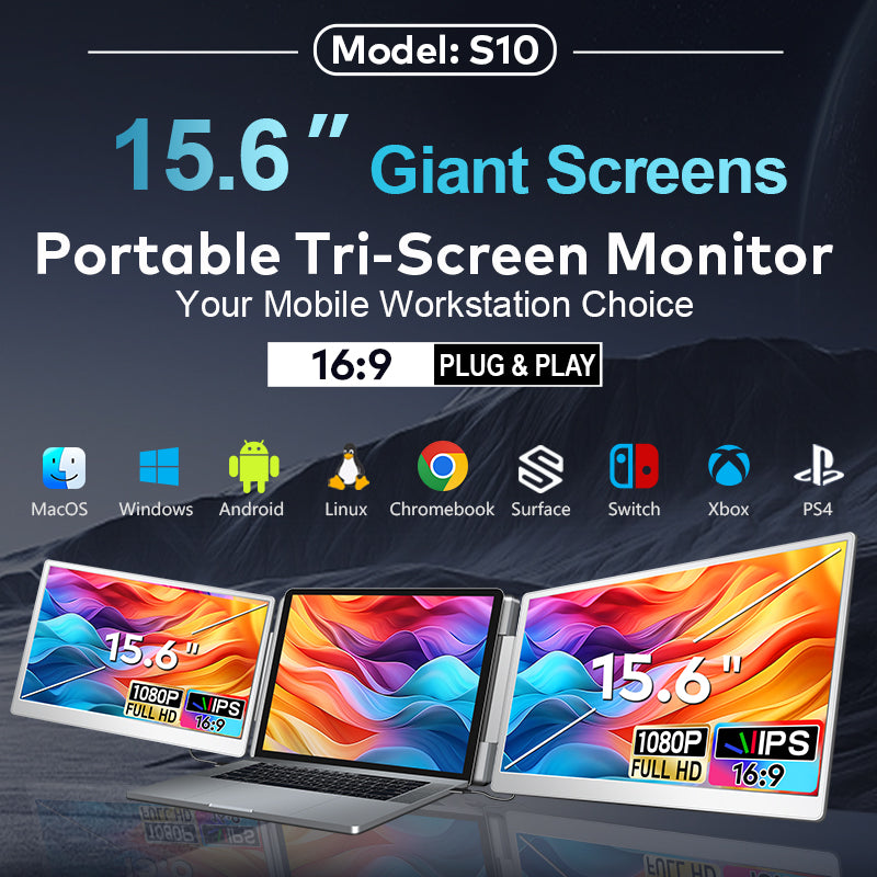 Trion 15.6-inch 360° trifold portable monitor 1080P IPS FHD Laptop Screen Extender - Grey