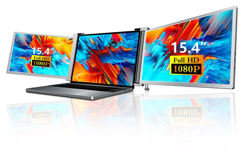 15.4 inch Trifold Portable Monitor mounted on a laptop showing triple‑screen setup with documents spread across all three displays
