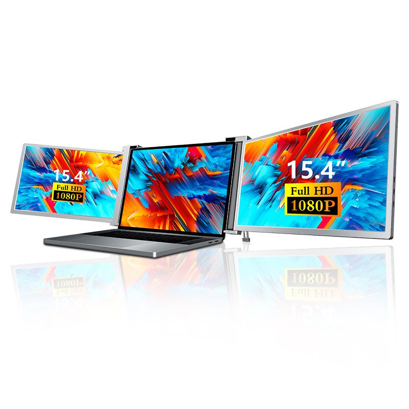 15.4 inch Trifold Portable Monitor mounted on a laptop showing triple‑screen setup with documents spread across all three displays