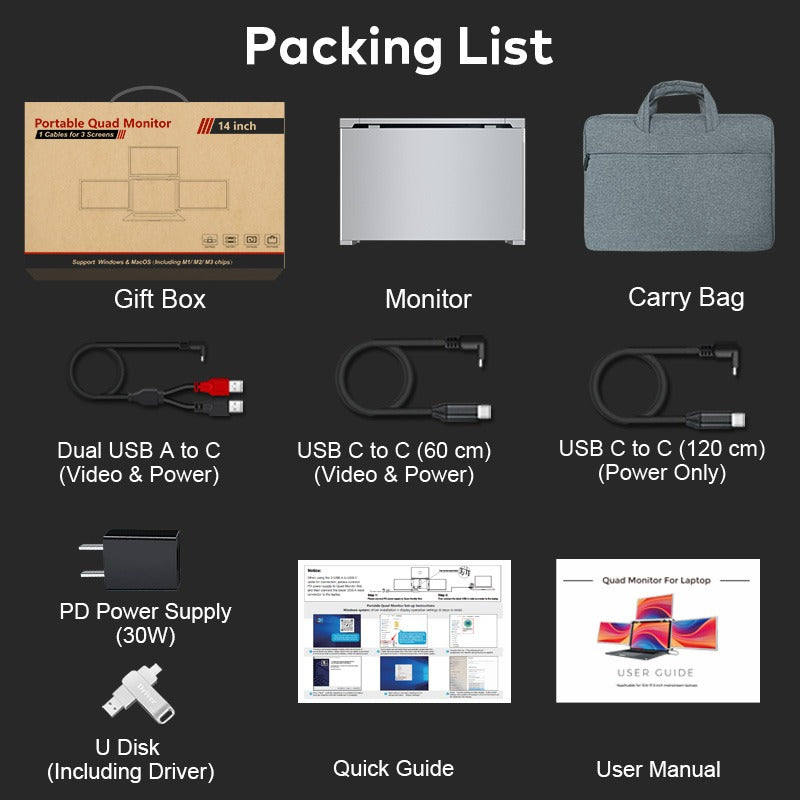 Work‑from‑home desk featuring Trion 14" quad monitor, wireless keyboard, mouse and notepad on a clean white surface.