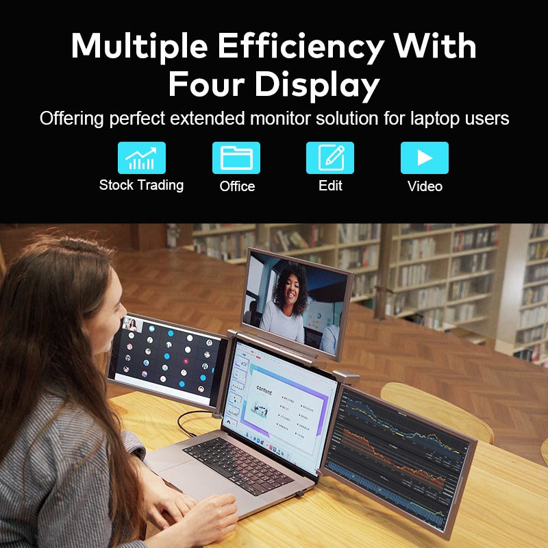 Trion 14" FHD Portable Quad Monitor with One-Cable Triple Display Screen Extender for Laptops (Win10+, Mac M1/M2/M3) Trion