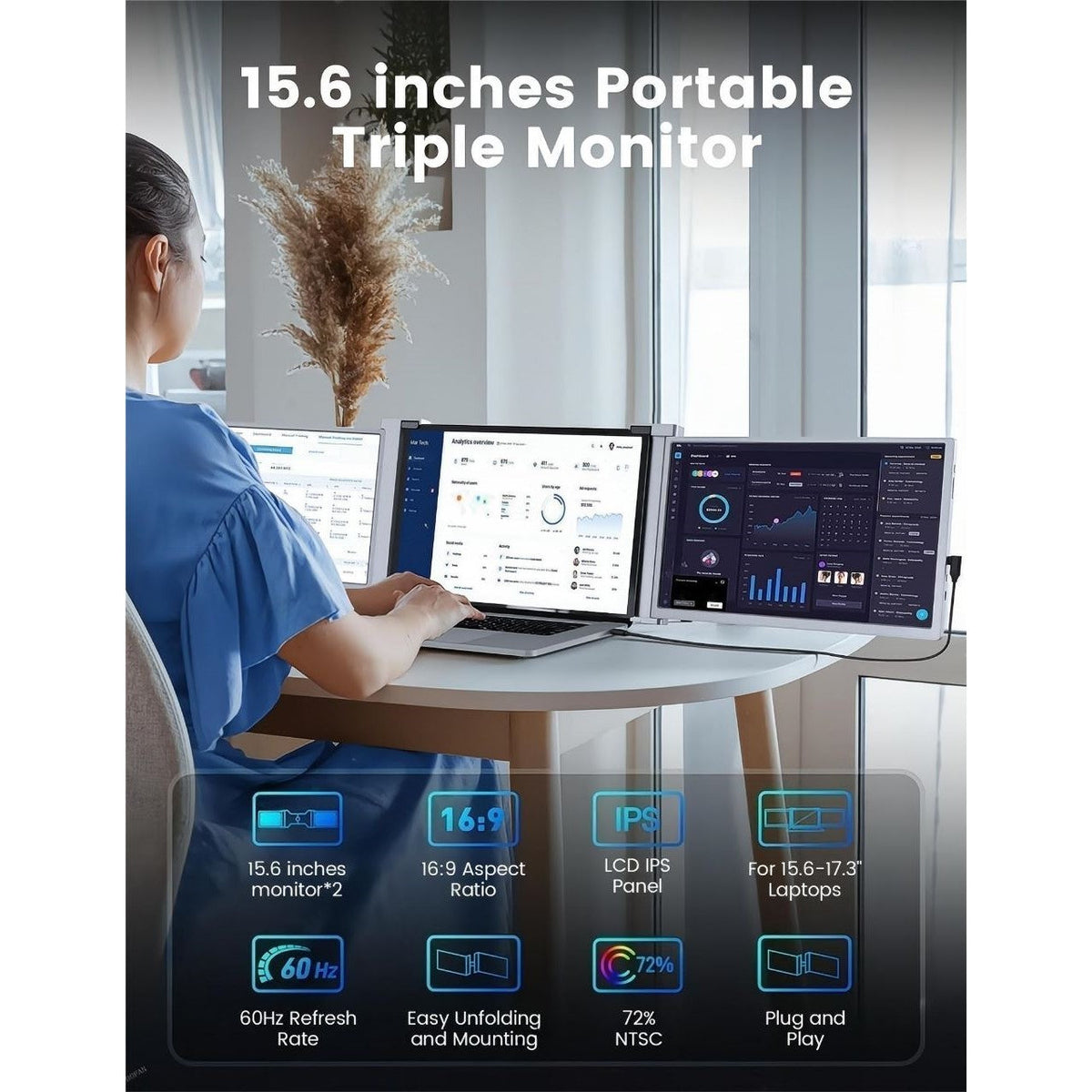 15.6 inch Trifold Portable Monitor 1080P IPS FHD Laptop Screen Extender For Laptop - Space Grey Tristar
