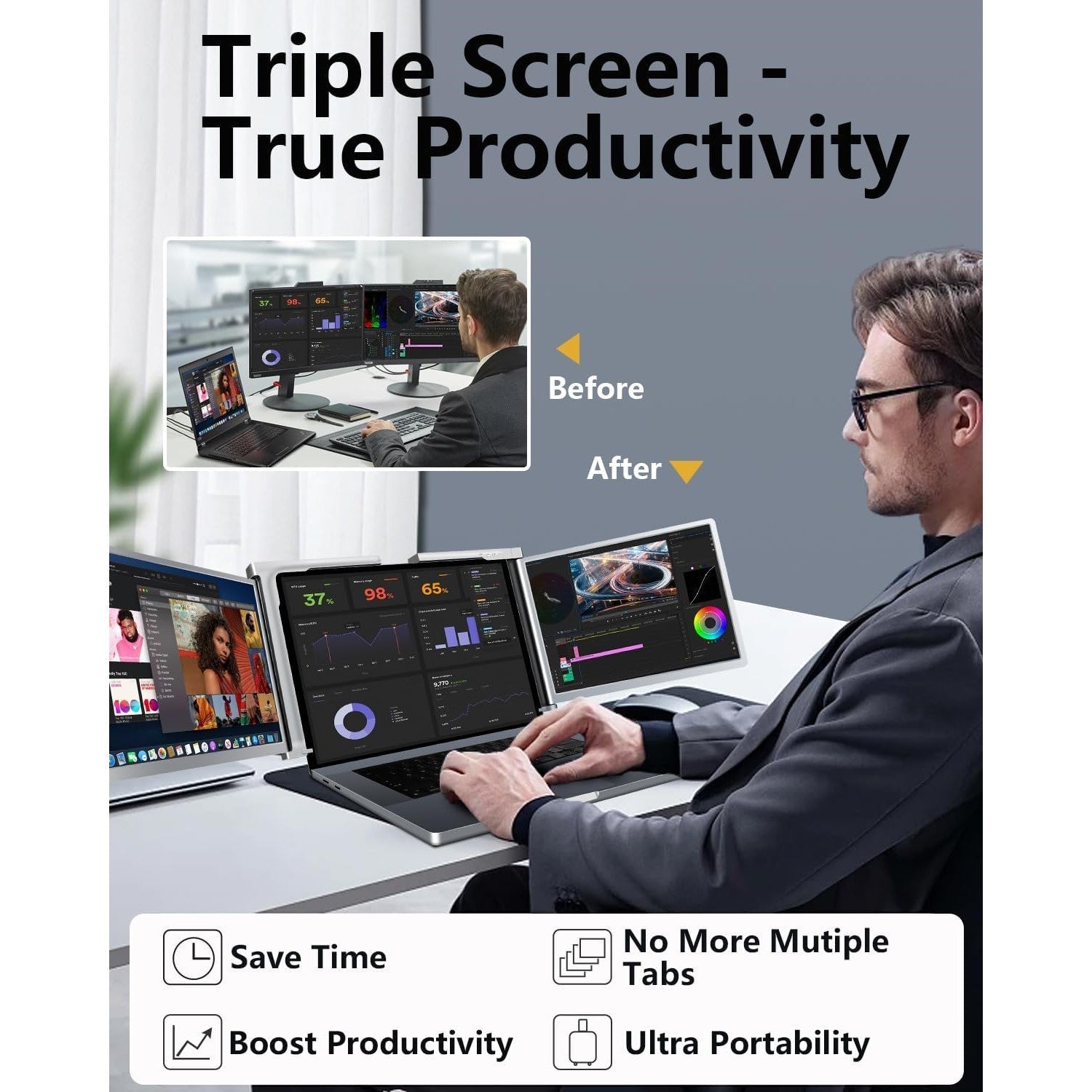 14 inch Trifold Portable Monitor 1080P IPS FHD Laptop Screen Extender For Laptop - Space Grey Tristar