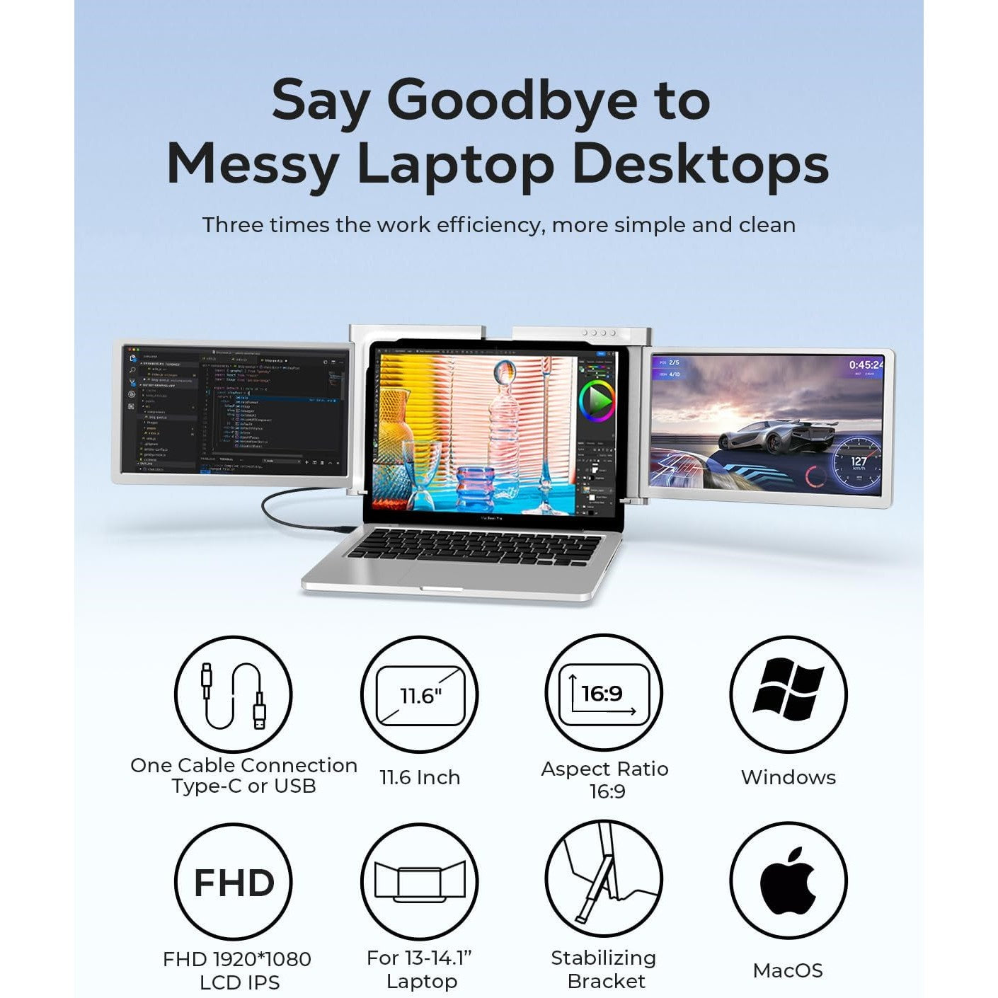 11.6 inch Trifold Portable Monitor 1080P IPS FHD Monitor Screen Extender For Laptop In Narrow Bezel- Grey Tristar