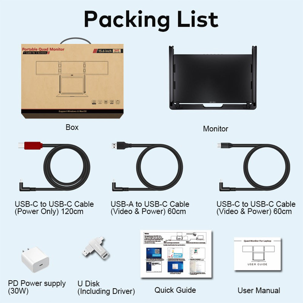 Trion Quad Monitor 15.6" Portable T Shape Laptop Screen Extender, Triple Full HD IPS 1920x1080, USB-C and Thunderbolt Compatible, for Remote Work, Trading, and Multitasking