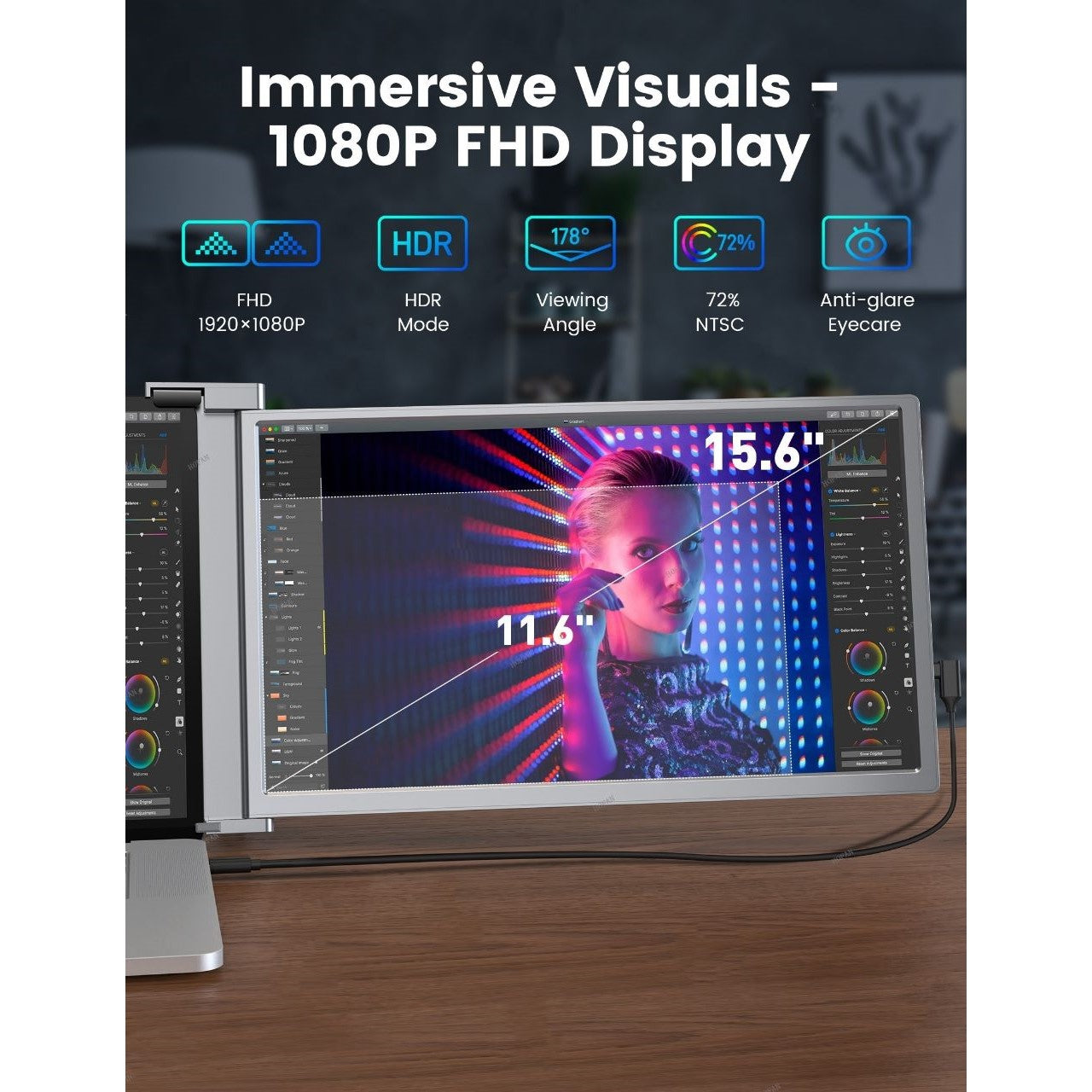 Top‑down shot of 15.6 inch Dual Portable Trifold Monitor and laptop on desk with spreadsheet, browser and chat windows.