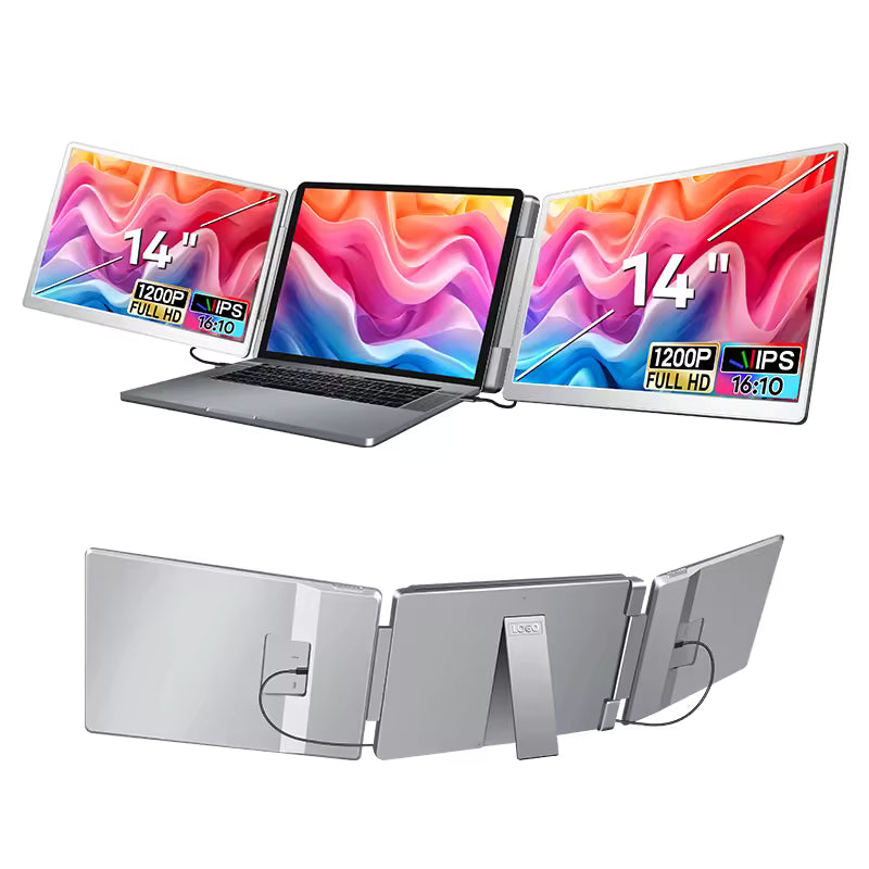 Front view of Trion 14-inch 360° trifold portable monitor attached to a laptop, showing both grey side screens extended in a triple-display setup.​

