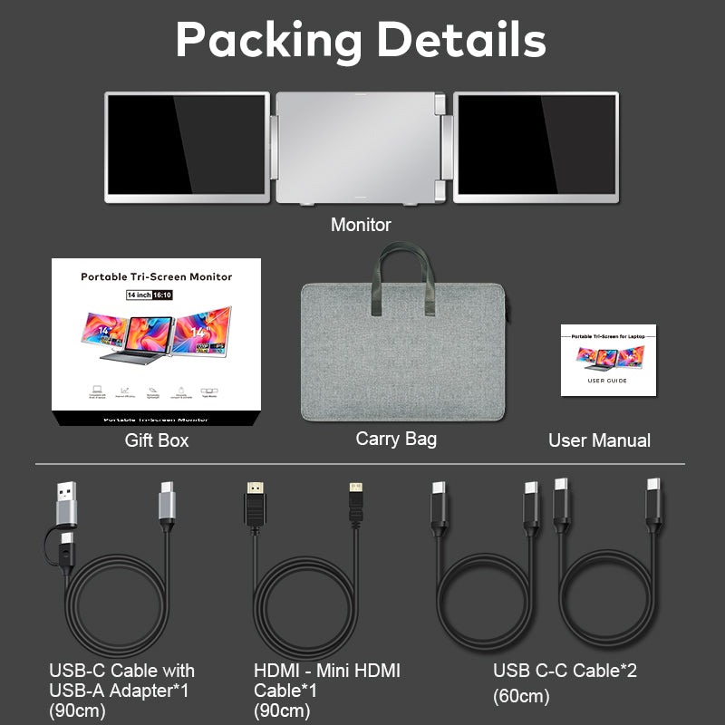 Trion 14-inch 360° trifold portable monitor 1200P IPS FHD Laptop Scree