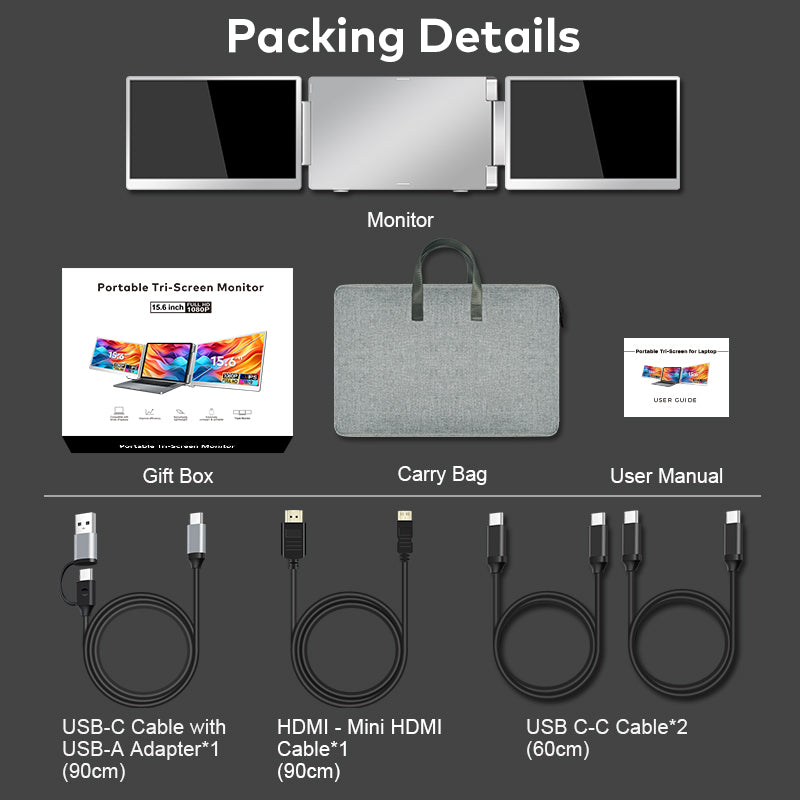 Trion 15.6-inch 360° trifold portable monitor 1080P IPS FHD Laptop Screen Extender - Grey