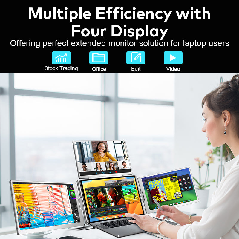 Trion 16" FHD Portable Monitor Quad Screen with One-Cable Triple Display Screen Extender for Laptops (Win10+, Mac M1/M2/M3) - Acceptable - Refurbished