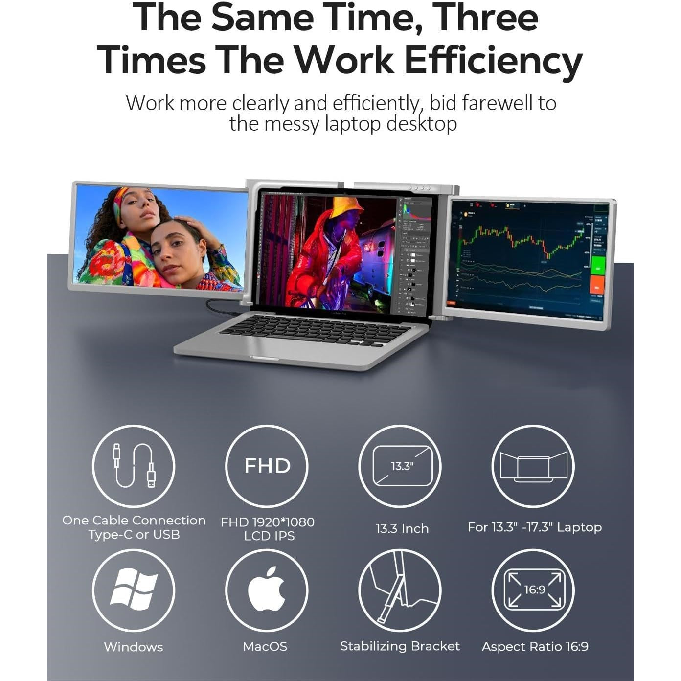 13.3 inch Trifold Portable Monitor 1080P IPS FHD Laptop Screen Extender For Laptop - Grey Tristar